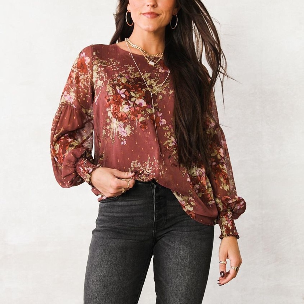 Willow & Root Metallic Floral Print Top